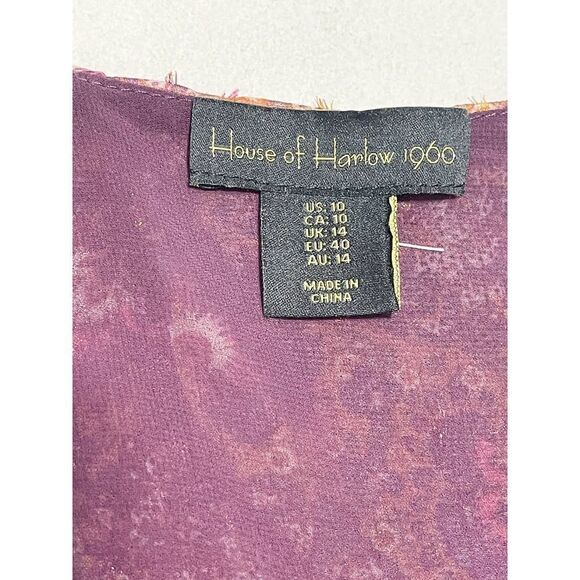 House of Harlow 1960 Batik Print V-Neck Mini Ruffle Tiered Dress Berry 10‎ - Picture 3 of 11